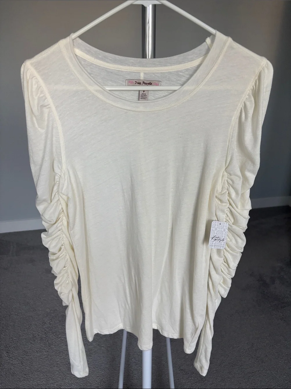 Free People Ivory Ruched Long Sleeve Top